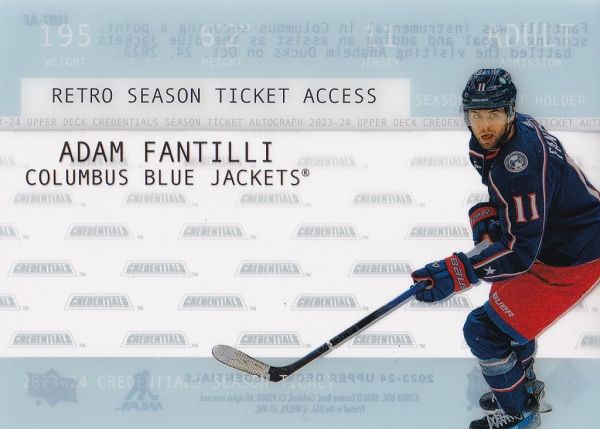 insert RC karta ADAM FANTILLI 23-24 Credentials 1997 Retro Season Ticket Acetate Rookie číslo 1997-AF